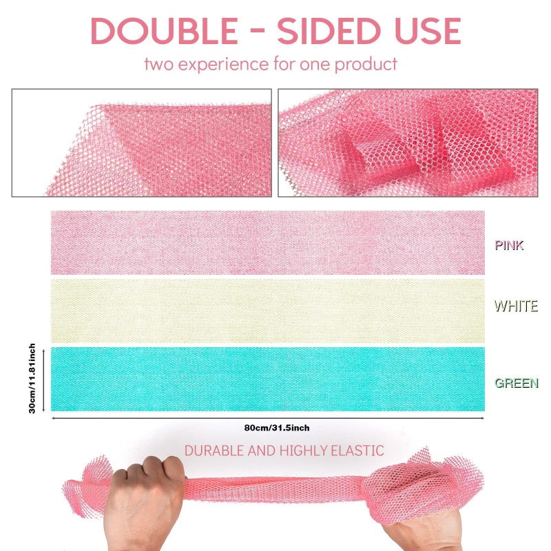 UJFQBH 3 Pieces African Net Sponge, African exfoliating net African Net Long Net Bath Sponge Exfoliating Shower Body Scrubber Back Scrubber Skin Smootherï¼ˆPink, Green, Off-Whiteï¼‰ - Image 3