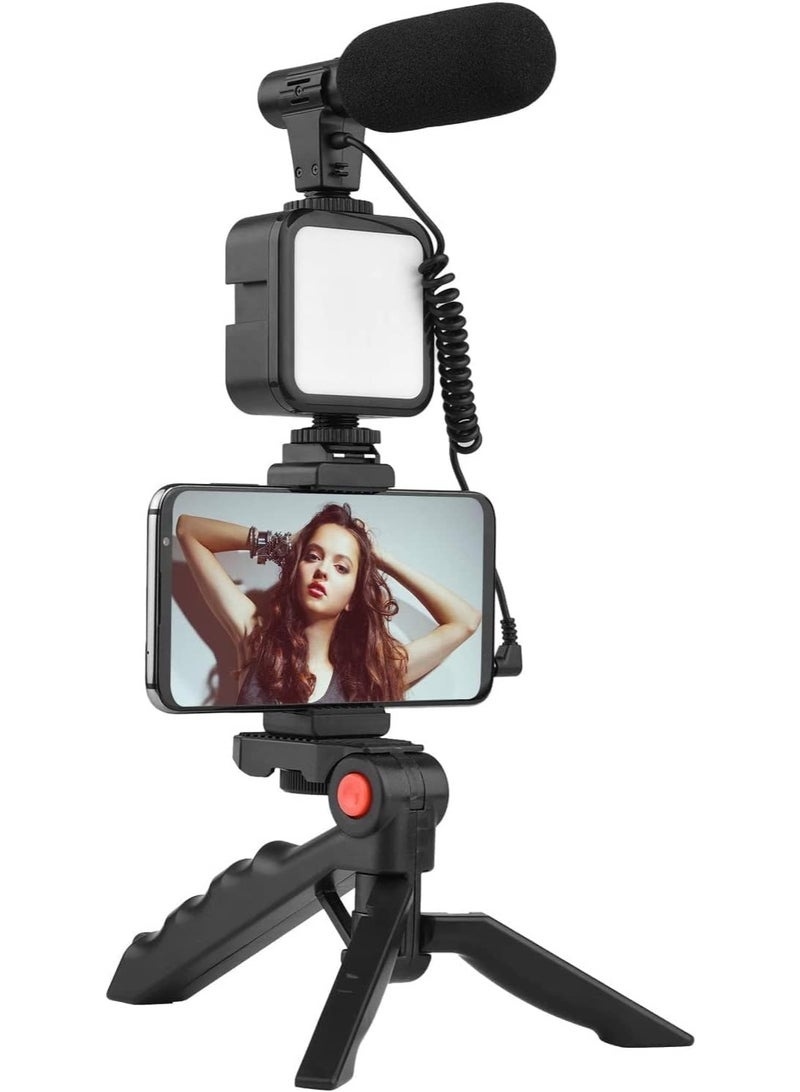 عدة تصوير وفلوغ متكاملة – ترايبود، حامل موبايل، ميكروفون، وإضاءة LED للفيديو والبودكاست - Image 1