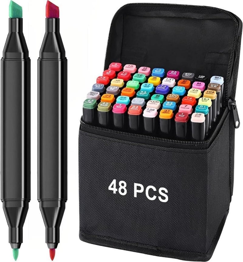 MOBDESK 48-Pcs Dual Tip Alcohol Markers Set - Graphic Art Sketch Pens for Drawing, Sketching, Calligraphy & Illustrations | Non-Toxic Twin Head Permanent Coloring Markers for Kids & Adults, Multicolor - Image 1