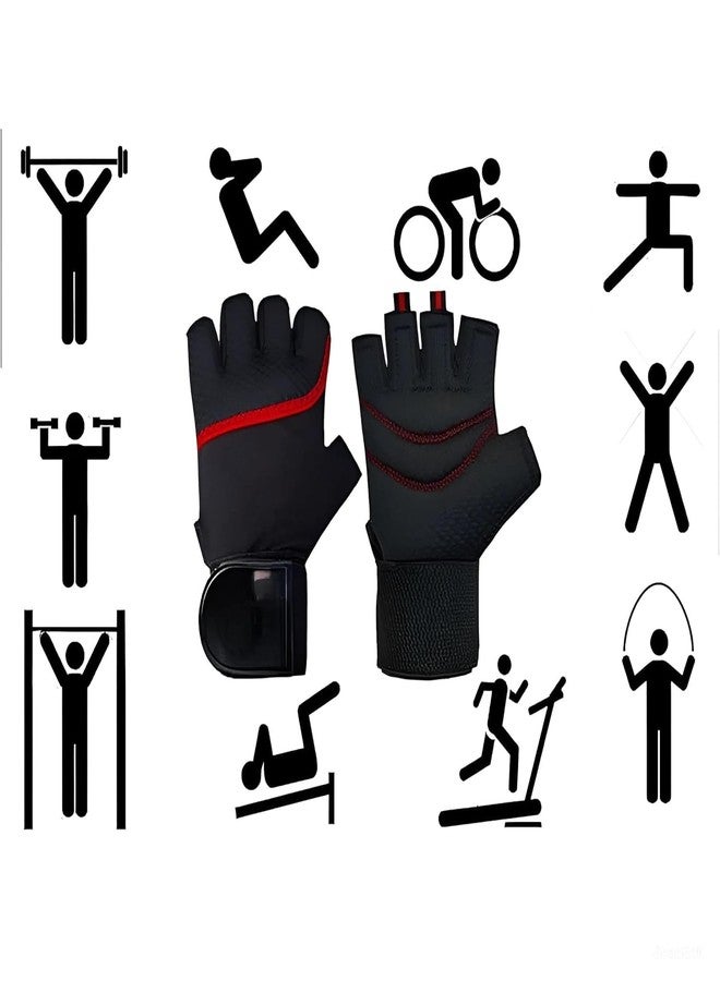 QTM Leather Sports Glove for Unisex, Gloves Gym Workout, Gym Accessories Men, Gym Gloves Men Workout, Sport Glove, Fitness Gloves, Grip Gloves, Exercise Gloves (Pack of 2 Pair, Wrist RED Black) - Image 2
