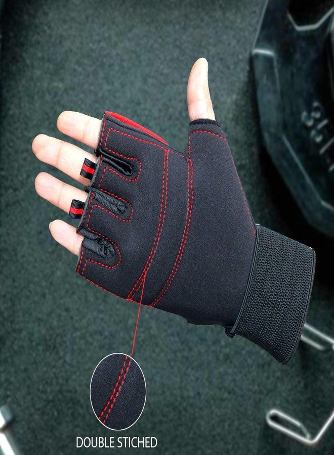 QTM Leather Sports Glove for Unisex, Gloves Gym Workout, Gym Accessories Men, Gym Gloves Men Workout, Sport Glove, Fitness Gloves, Grip Gloves, Exercise Gloves (Pack of 2 Pair, Wrist RED Black) - Image 3