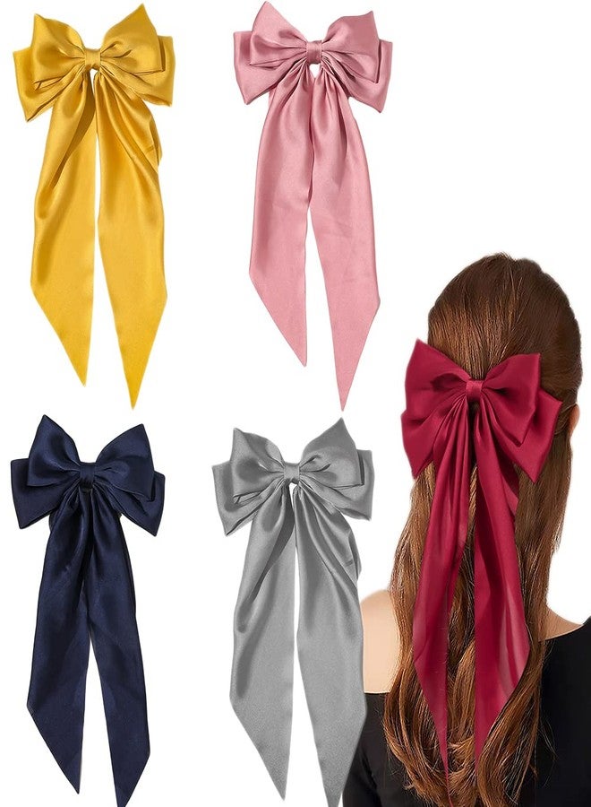DINPREY Large Silky Hair Bows for Women Girls with Ribbon Long Hair Barrettes Big Hair Bow for Women and Girls Bowknot Hair Clips (4PCS - D) - Image 1
