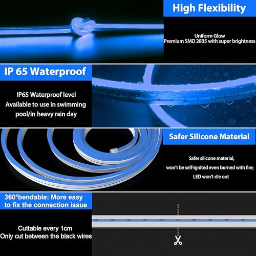 Gesto 16.4 Feet Neon LED Strip Light with 12V Adapter | Cuttable & Flexible Waterproof Rope Light for Wall Decor, Indoor & Outdoor Decoration, Custom Names,Signage & Diwali Decorative Lighting- Blue - Image 3