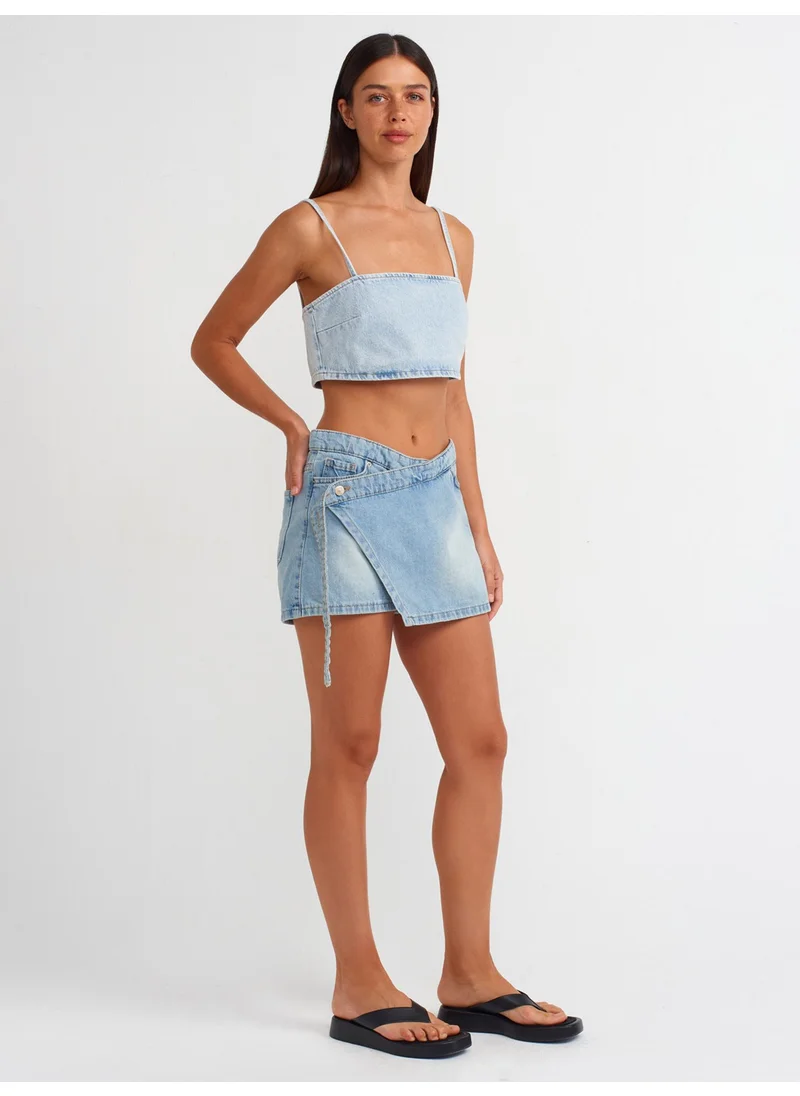 ديلفين 71673 Waistband Long Denim Shorts Skirt-Blue