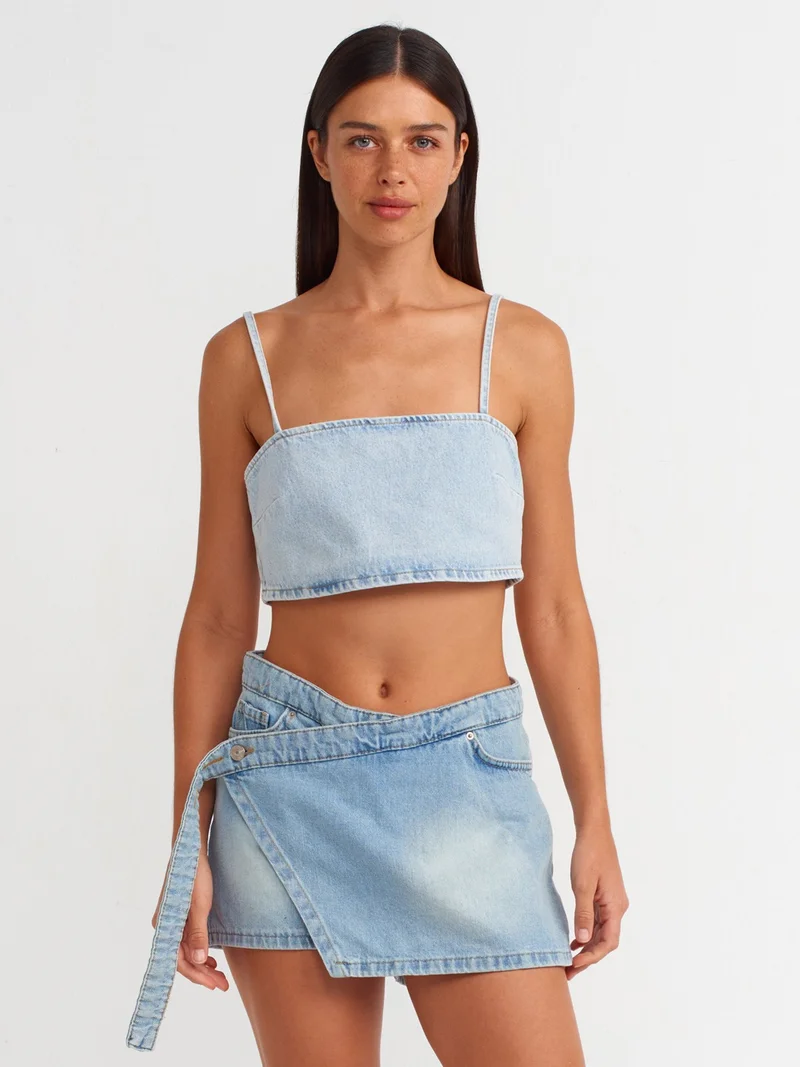 ديلفين 71673 Waistband Long Denim Shorts Skirt-Blue