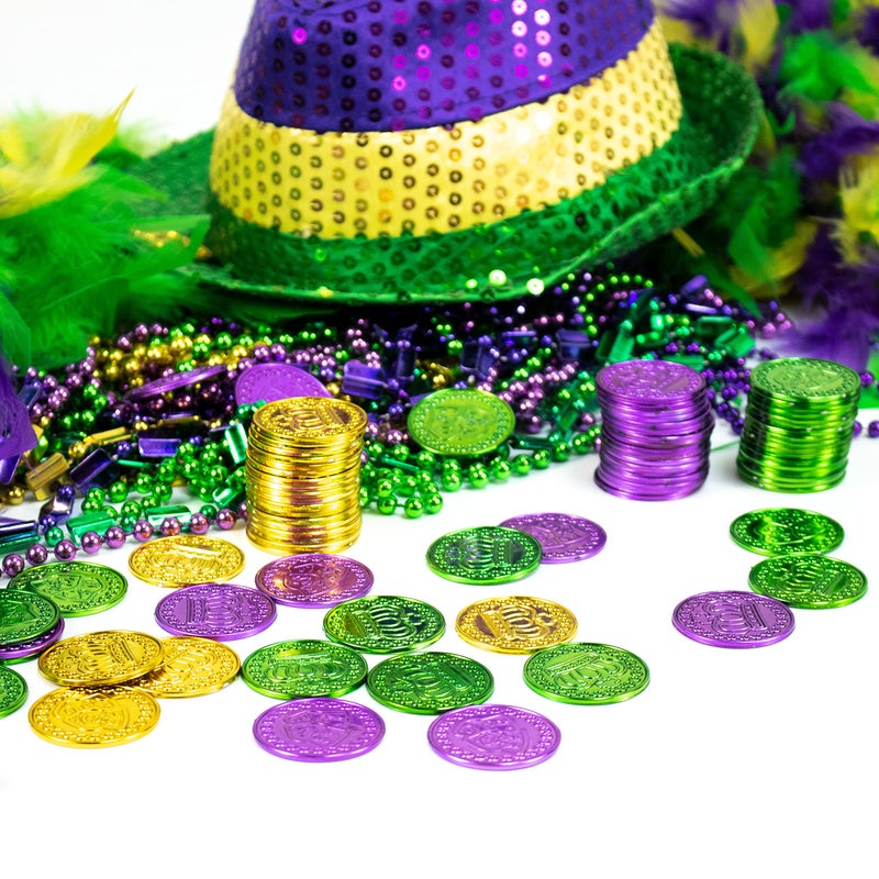 GiftExpress 144PC Mardi Gras Plastic Coins Assorted Metallic Gold Green Purple Mardi Gras Coins Bulk for Mardi Gras Parade, Party Favors - Image 2
