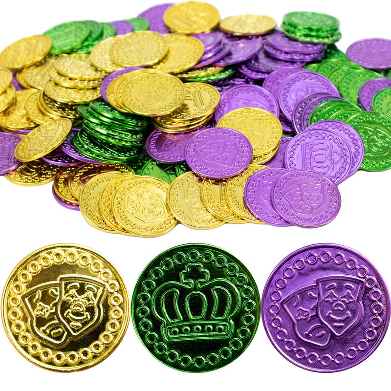 GiftExpress 144PC Mardi Gras Plastic Coins Assorted Metallic Gold Green Purple Mardi Gras Coins Bulk for Mardi Gras Parade, Party Favors - Image 1