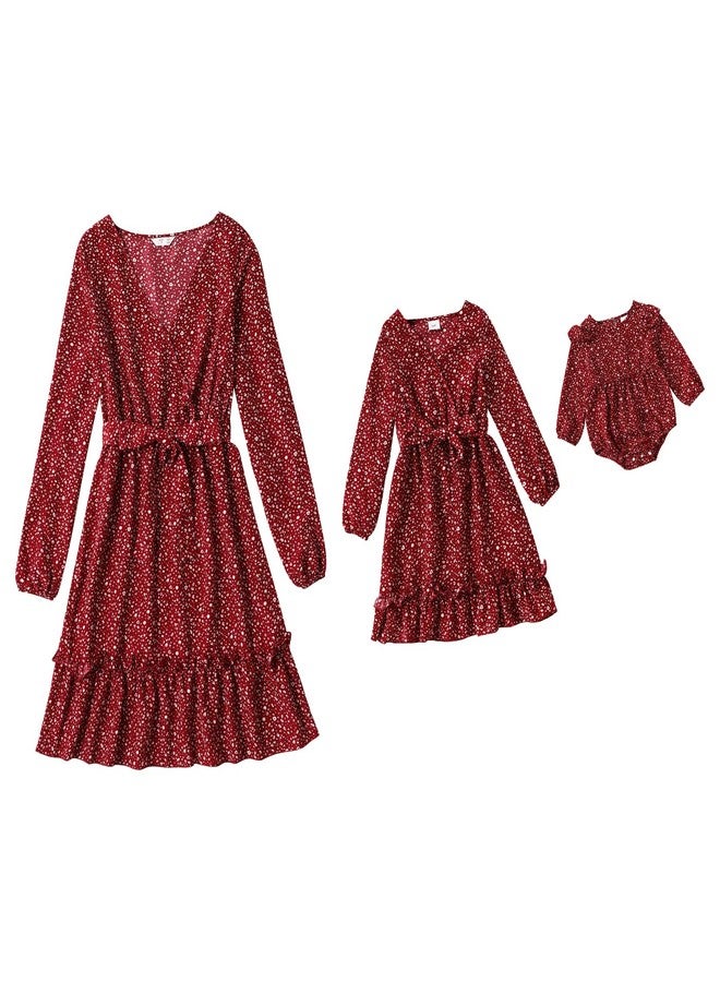 AWIBMK Mommy and Me Matching Dresses Polka Dot Print Ruffled Boho A-Line Long Dress V Neck Waist Self Tied Belt Long Sleeve Casual Fall Winter Mom Daughter Matching Outfits Burgundy Polka Dot 6-9 Months - Image 1