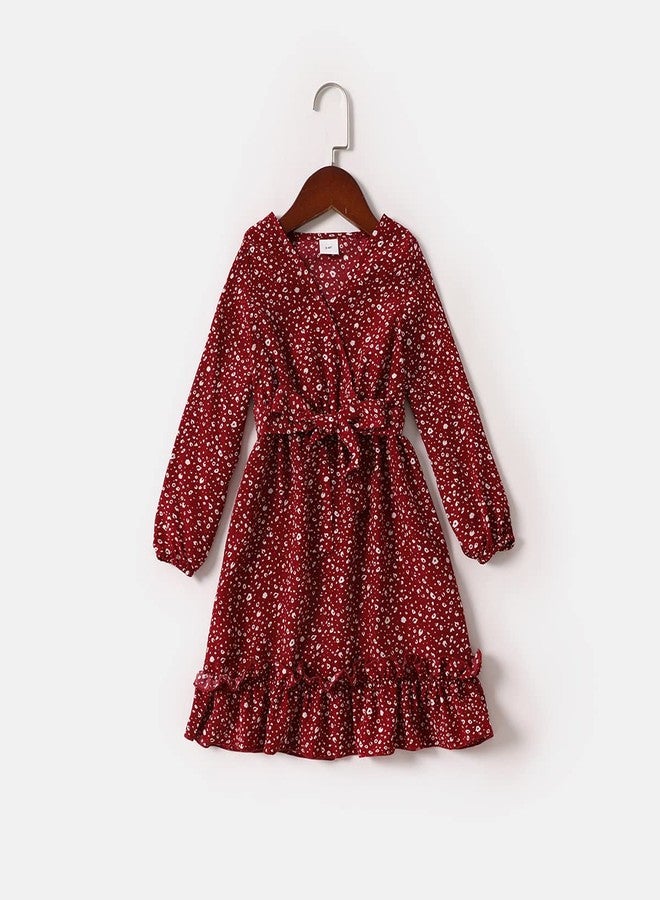 AWIBMK Mommy and Me Matching Dresses Polka Dot Print Ruffled Boho A-Line Long Dress V Neck Waist Self Tied Belt Long Sleeve Casual Fall Winter Mom Daughter Matching Outfits Burgundy Polka Dot 6-9 Months - Image 5