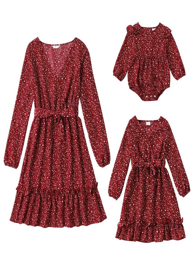 AWIBMK Mommy and Me Matching Dresses Polka Dot Print Ruffled Boho A-Line Long Dress V Neck Waist Self Tied Belt Long Sleeve Casual Fall Winter Mom Daughter Matching Outfits Burgundy Polka Dot 6-9 Months - Image 2