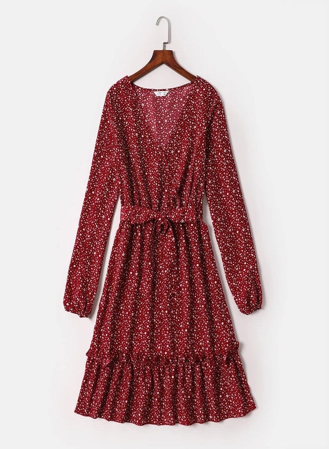 AWIBMK Mommy and Me Matching Dresses Polka Dot Print Ruffled Boho A-Line Long Dress V Neck Waist Self Tied Belt Long Sleeve Casual Fall Winter Mom Daughter Matching Outfits Burgundy Polka Dot 6-9 Months - Image 3