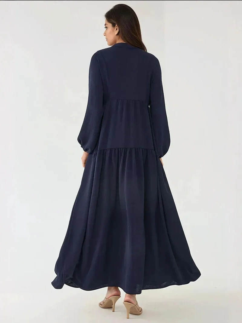 HICCUP Navy Blue Textured V-Neck Maxi Dress with Button Detail for Women | Best Price UAE