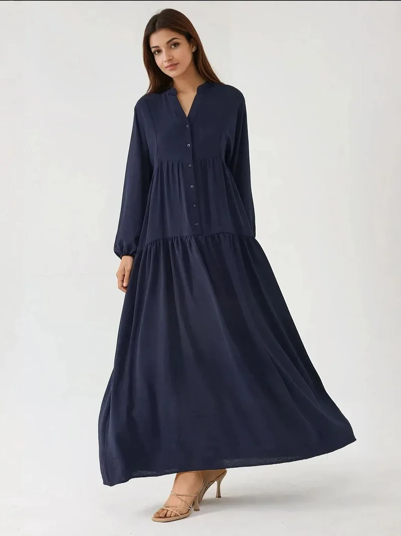 HICCUP Navy Blue Textured V-Neck Maxi Dress with Button Detail for Women | Best Price UAE
