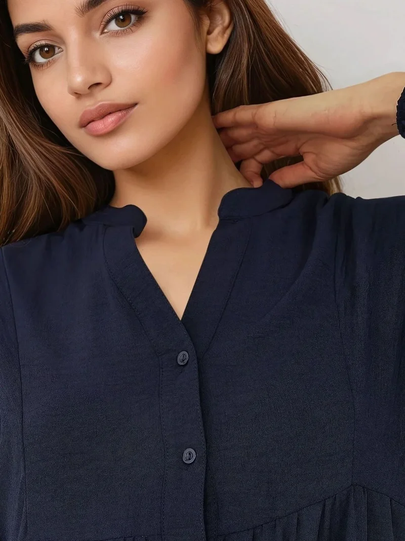 HICCUP Navy Blue Textured V-Neck Maxi Dress with Button Detail for Women | Best Price UAE