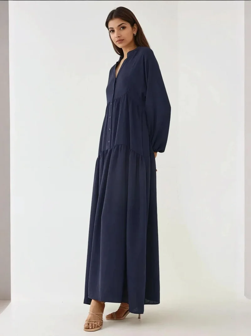 HICCUP Navy Blue Textured V-Neck Maxi Dress with Button Detail for Women | Best Price UAE