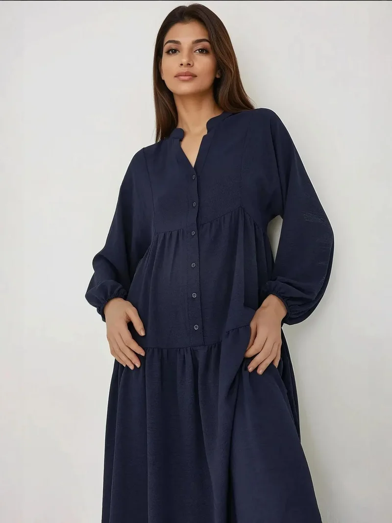 هيكاب فستان ماكسي بياقة على شكل حرف  مزين بأزرار