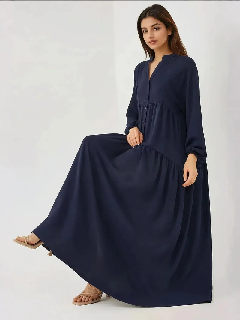 هيكاب فستان ماكسي بياقة على شكل حرف  مزين بأزرار