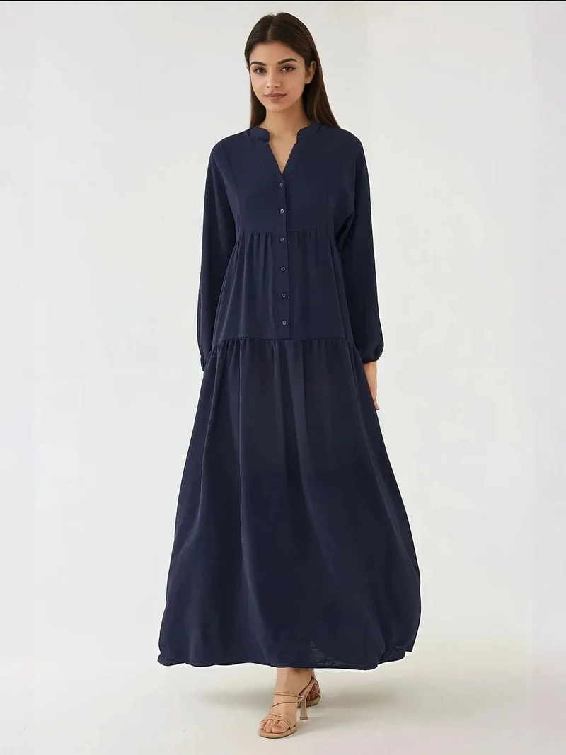 HICCUP Navy Blue Textured V-Neck Maxi Dress with Button Detail for Women | Best Price UAE