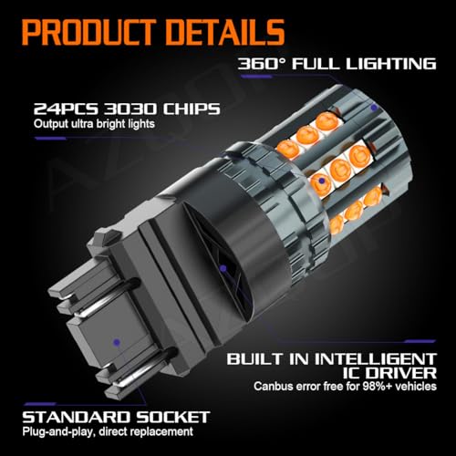 AZQOP 3157 LED Turn Signal Bulbs For Ford F150 F250 F350 1999 2000 2001 2002 2003 2004 2005 2006 2007 2008 2009 2010 2011 2012 2013 2014, 3156 3056 3057 Blinker Lights, 300% Brightness 3000K Amber, 2PCS - Image 3