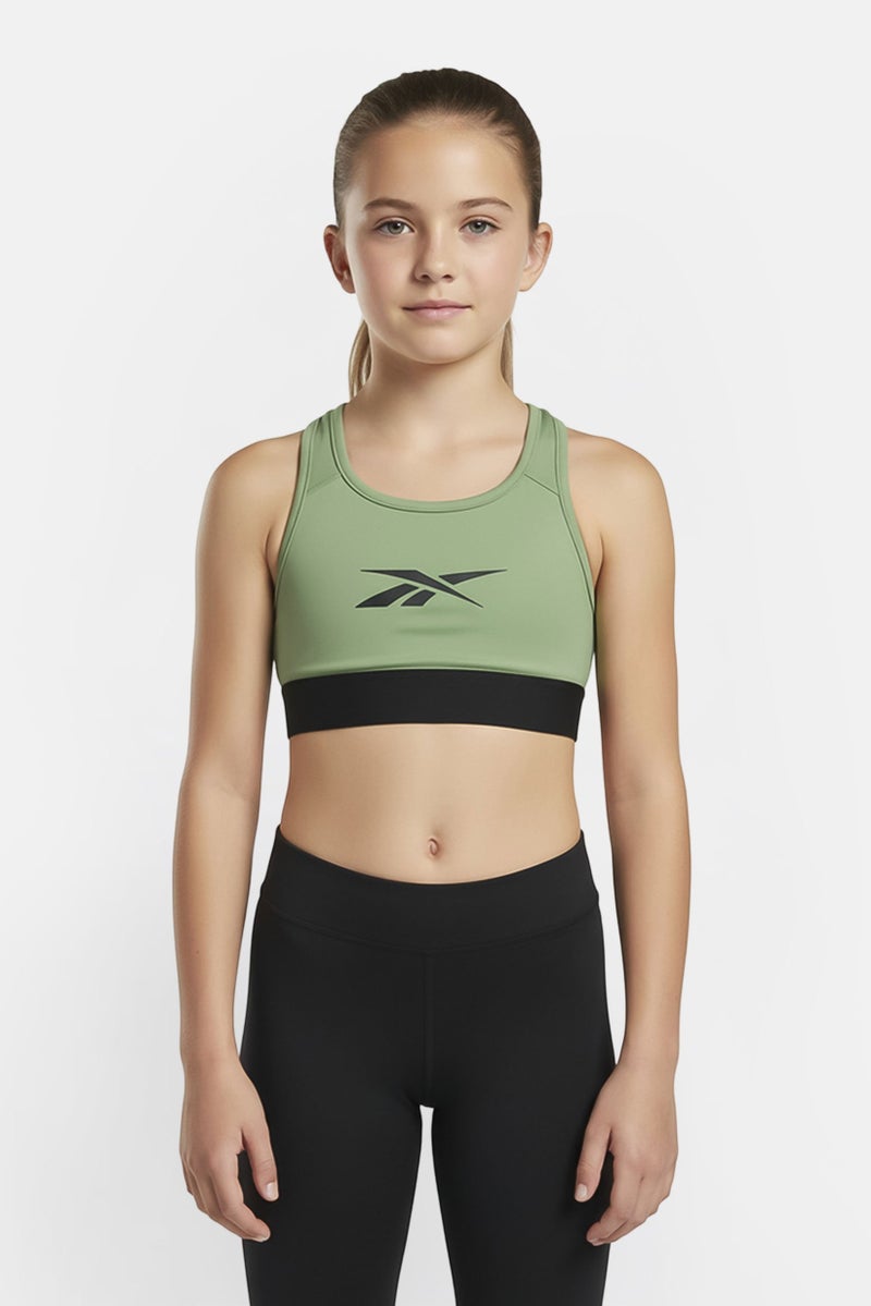 Reebok Kids Girl Brand Logo Non Padded Vector Sports Bra, Olive - Image 1