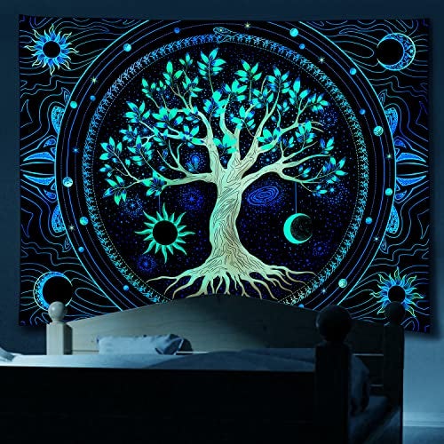 FLY SPRAY Tapestry for Bedroom Aesthetic Black Light Tree of Life Tapestrys UV Reactive Trippy Talestry Colorful Wall tapistry Sun Moon Space Tapestries Green Forest Wall Hanging Decor Nature Ceiling Tapastry - Image 2