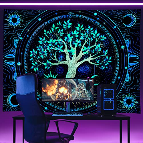 FLY SPRAY Tapestry for Bedroom Aesthetic Black Light Tree of Life Tapestrys UV Reactive Trippy Talestry Colorful Wall tapistry Sun Moon Space Tapestries Green Forest Wall Hanging Decor Nature Ceiling Tapastry - Image 4