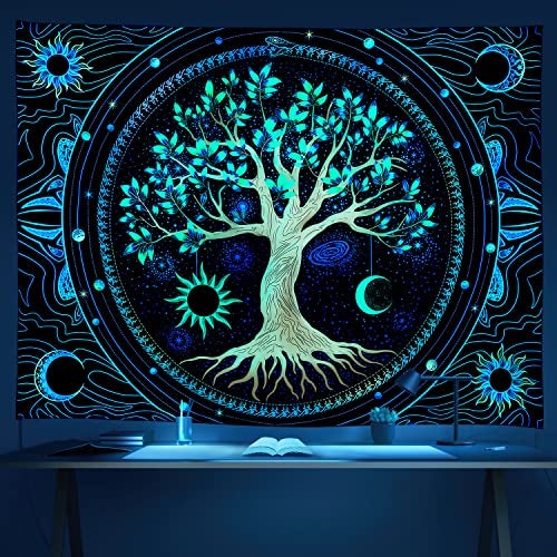 FLY SPRAY Tapestry for Bedroom Aesthetic Black Light Tree of Life Tapestrys UV Reactive Trippy Talestry Colorful Wall tapistry Sun Moon Space Tapestries Green Forest Wall Hanging Decor Nature Ceiling Tapastry - Image 1