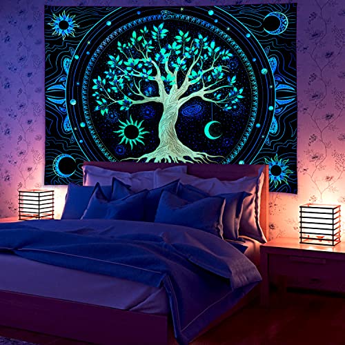 FLY SPRAY Tapestry for Bedroom Aesthetic Black Light Tree of Life Tapestrys UV Reactive Trippy Talestry Colorful Wall tapistry Sun Moon Space Tapestries Green Forest Wall Hanging Decor Nature Ceiling Tapastry - Image 3