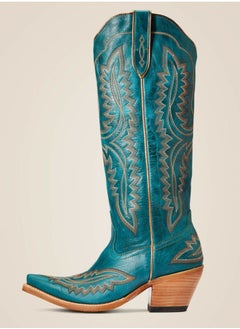 Loquat Cowboy Boots For Women Western Embroidered Cowgirl Boots Chunky Heel Wide Tube Boots Pull on Pointy Toe Vintage Boots Peacock Blue 