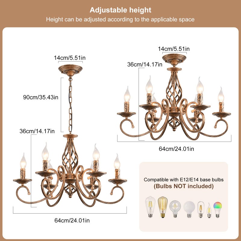 Ganeed Rustic 6-Light Chandeliers,French Country Vintage Chandelier,Metal in Antique Bronze Pendant Chandelier,Pendant Light Fixture for Island Kitchen Farmhouse Dining Room Living Room - Image 3