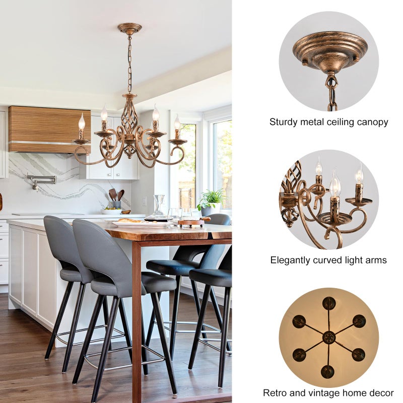 Ganeed Rustic 6-Light Chandeliers,French Country Vintage Chandelier,Metal in Antique Bronze Pendant Chandelier,Pendant Light Fixture for Island Kitchen Farmhouse Dining Room Living Room - Image 4
