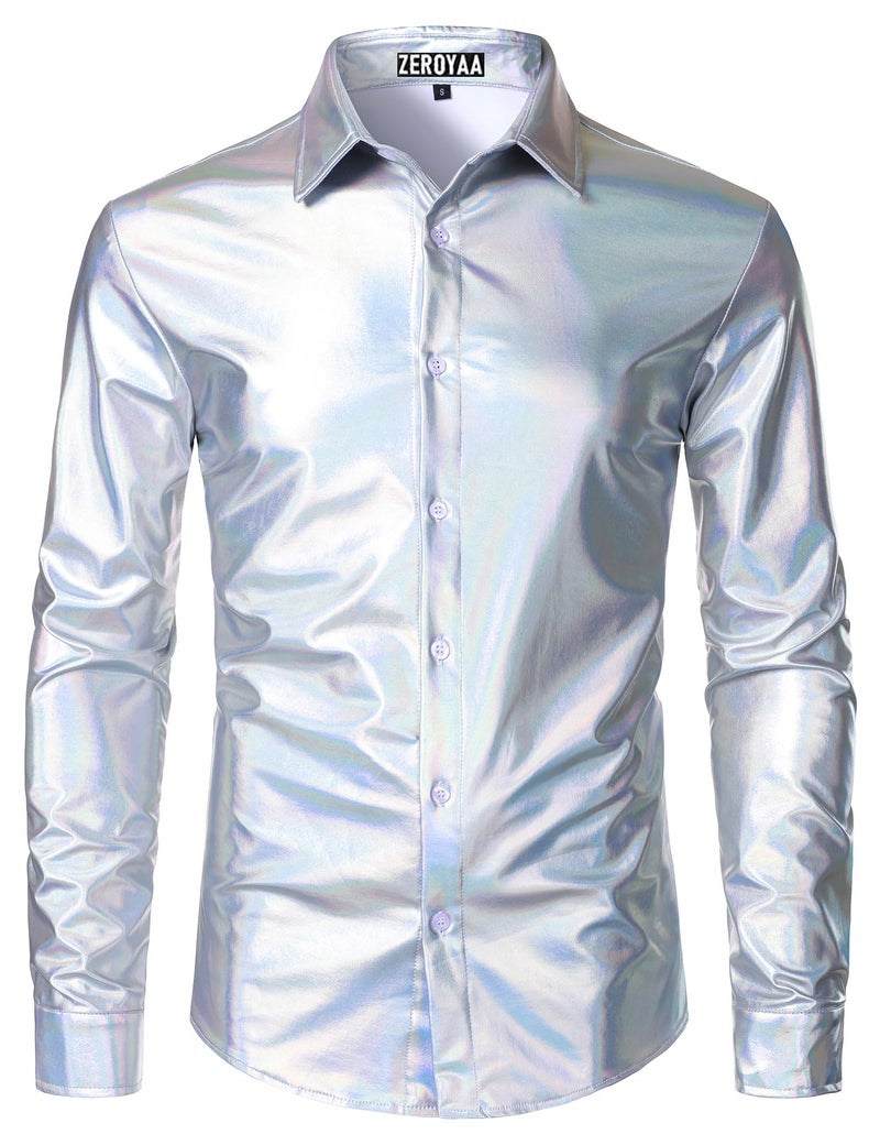 ZEROYAA Men's 70s Disco Button-Down Shirt Shiny Metallic Long-Sleeve Costume for Party Prom Laser Silver Large - Image 1