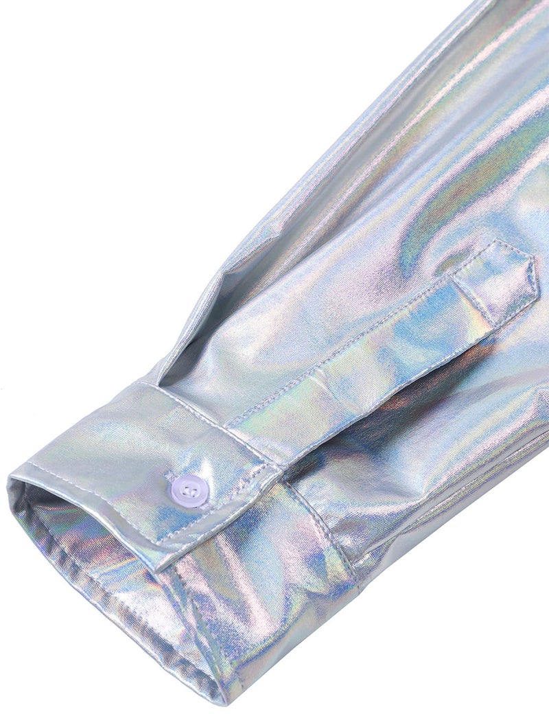 ZEROYAA Men's 70s Disco Button-Down Shirt Shiny Metallic Long-Sleeve Costume for Party Prom Laser Silver Large - Image 4