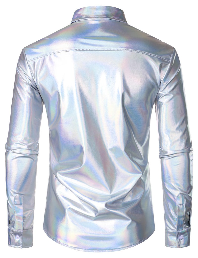 ZEROYAA Men's 70s Disco Button-Down Shirt Shiny Metallic Long-Sleeve Costume for Party Prom Laser Silver Large - Image 2