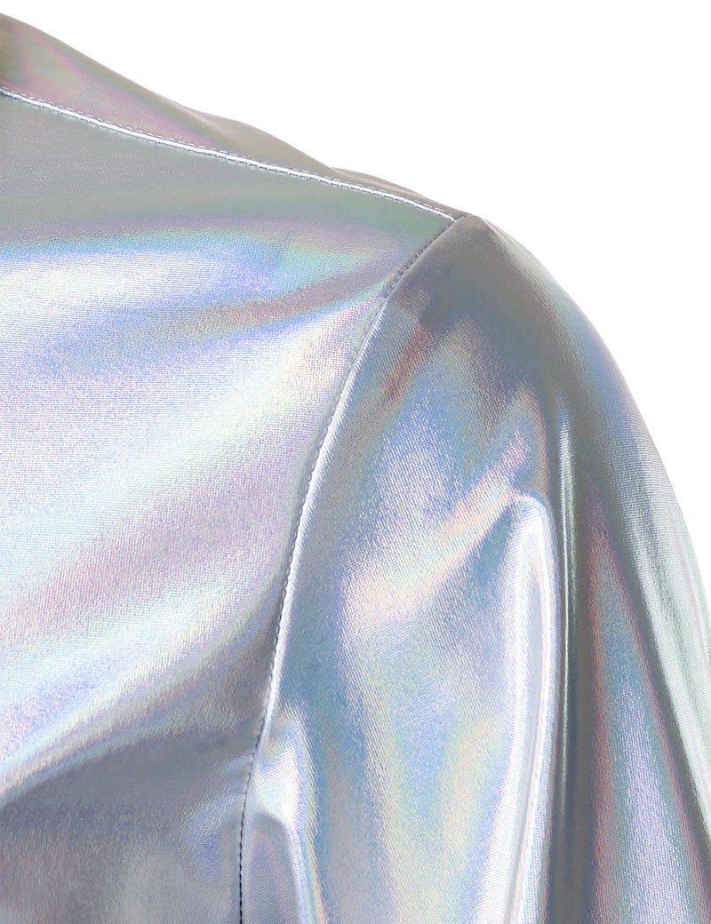 ZEROYAA Men's 70s Disco Button-Down Shirt Shiny Metallic Long-Sleeve Costume for Party Prom Laser Silver Large - Image 3