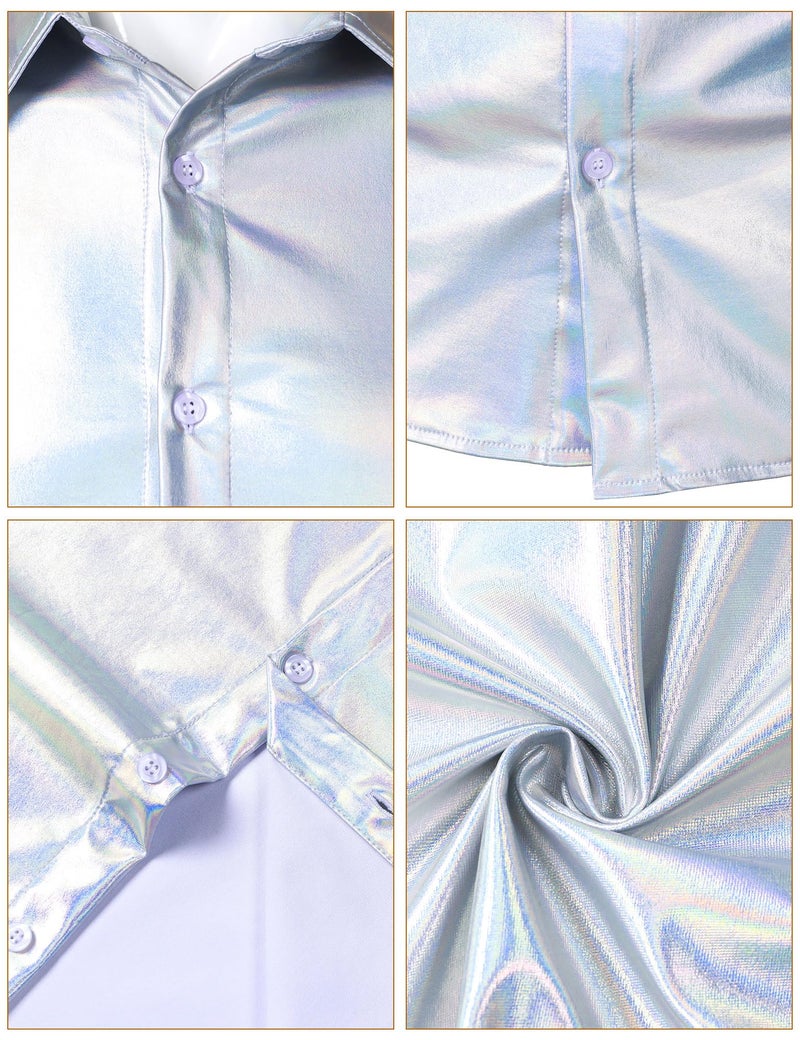 ZEROYAA Men's 70s Disco Button-Down Shirt Shiny Metallic Long-Sleeve Costume for Party Prom Laser Silver Large - Image 5