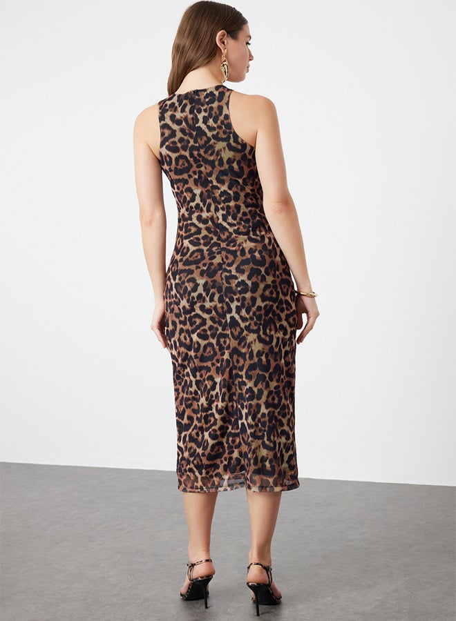 trendyol Brown Multicolored Animal Patterned Leopard Knitted Tulle Elegant Evening Dress TPRSS24EL00202 - Image 5