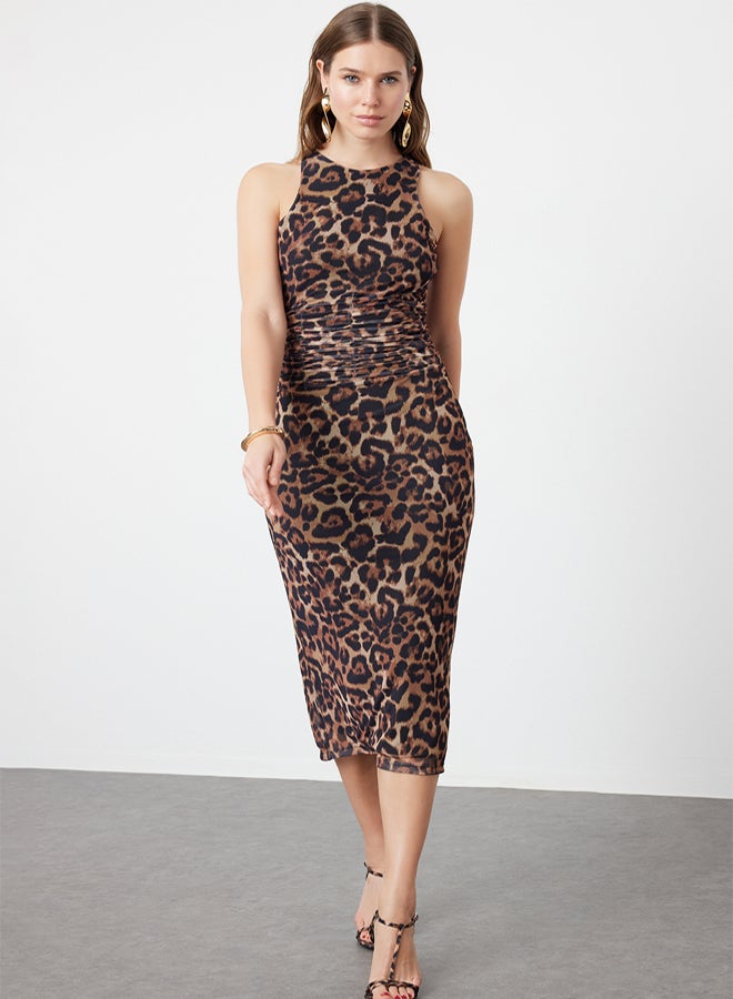 trendyol Brown Multicolored Animal Patterned Leopard Knitted Tulle Elegant Evening Dress TPRSS24EL00202 - Image 1