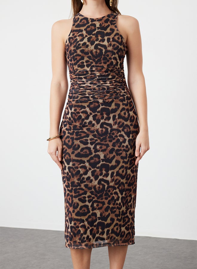 trendyol Brown Multicolored Animal Patterned Leopard Knitted Tulle Elegant Evening Dress TPRSS24EL00202 - Image 4