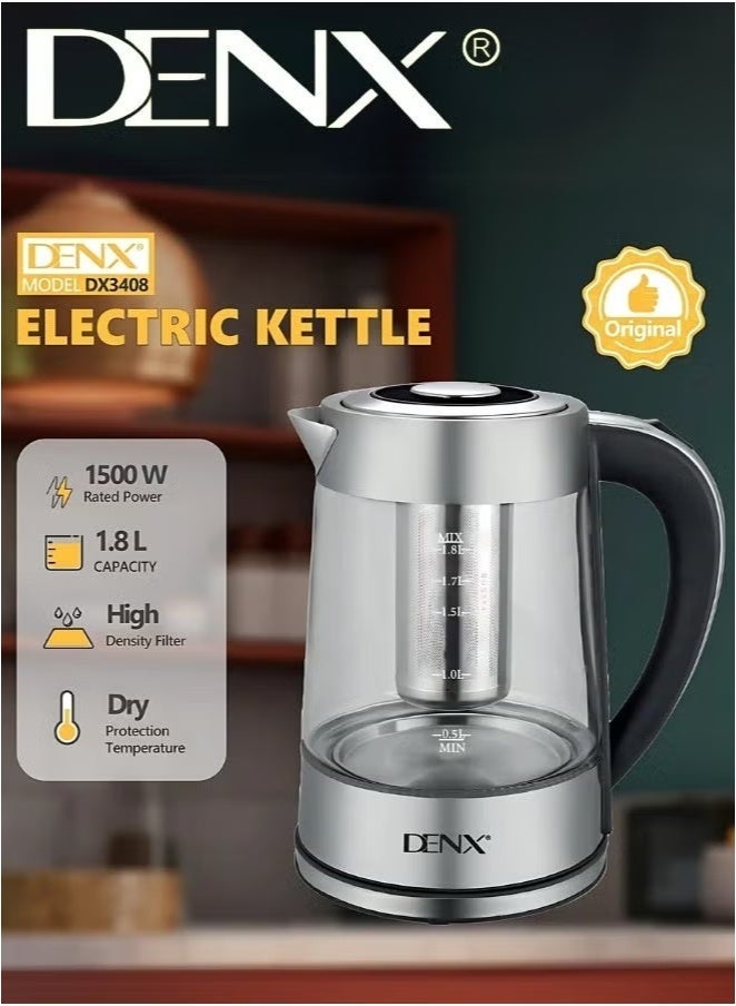 Denx Dx3408 High Borosilicate Glass Electric Kettle, 1.8L Capacity, 1500W Power, With High-Density Mesh Filter And Dry-Boil Protection - Image 1