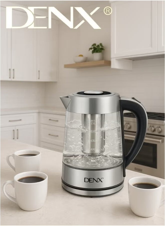 Denx Dx3408 High Borosilicate Glass Electric Kettle, 1.8L Capacity, 1500W Power, With High-Density Mesh Filter And Dry-Boil Protection - Image 5
