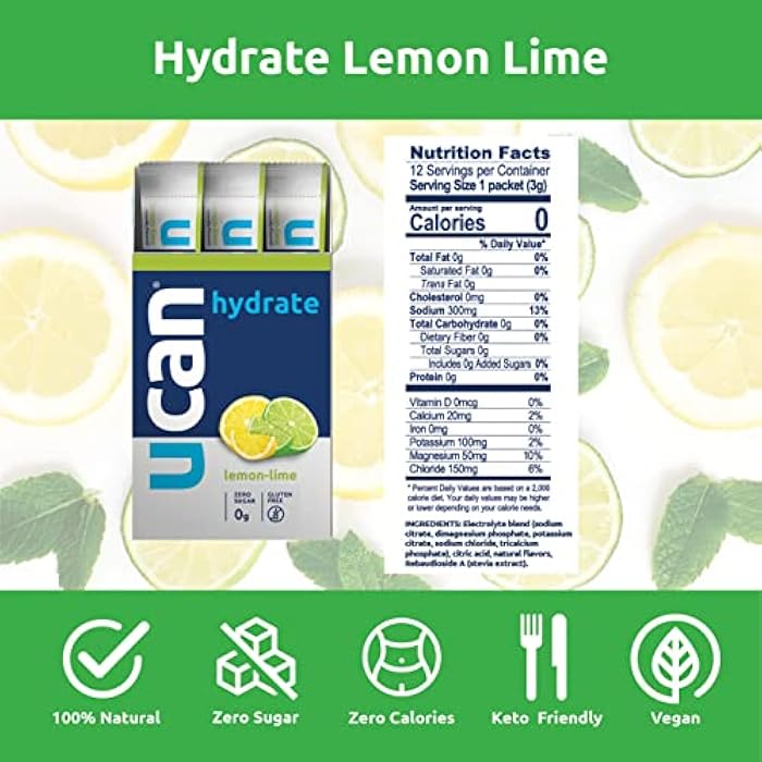 UCAN Hydrate Packets, Lemon-Lime, 12 Count (1.27 Ounce), Keto, Sugar-Free Electrolyte Replacement for Men & Women, Non-GMO, Vegan, Gluten-Free, Great for Runners, Gym-Goers, High Performance Athletes - Image 3