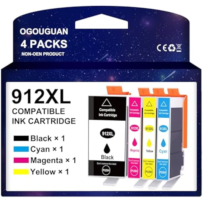 OGOUGUNA COMPATIBLE INK CARTRIDGE REPLACEMENT FOR HP 912 912XL INK CARTRIDGES FOR HP OFFICEJET PRO 8012 8015 8010 8022 8020 8025 8024 8014 8017 8021 8023 AIO PRINTER, MULTIPACK OF 4 - Image 1