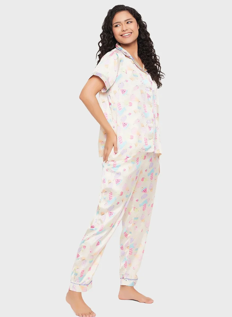 Clovia Button Down Shirt & Pyjama Set