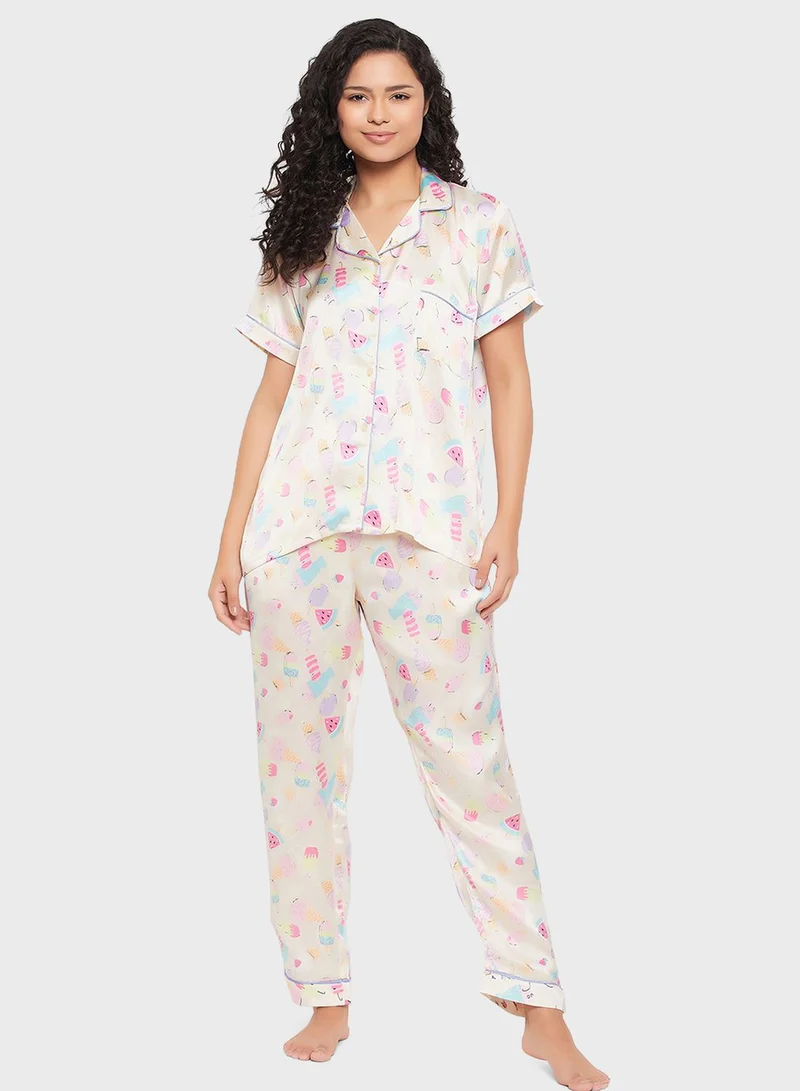 Clovia Button Down Shirt & Pyjama Set