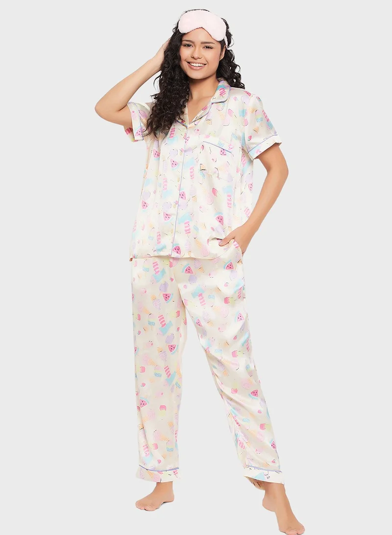 Clovia Button Down Shirt & Pyjama Set