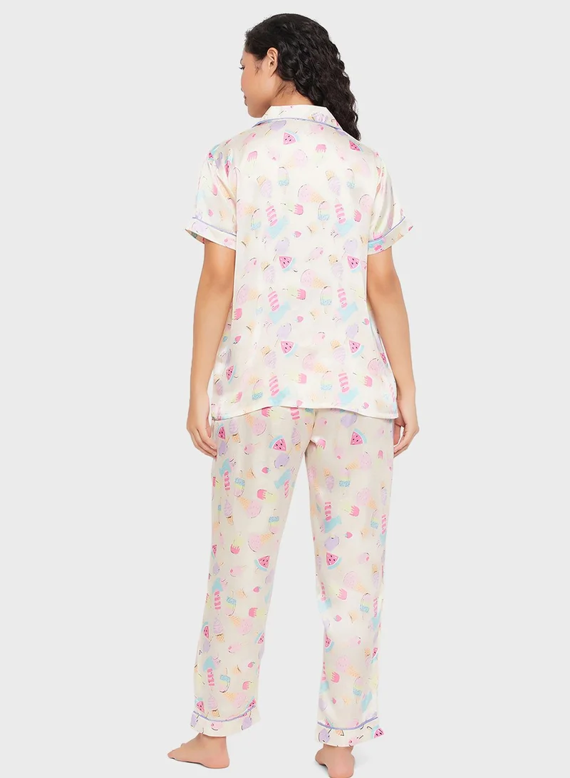 Clovia Button Down Shirt & Pyjama Set