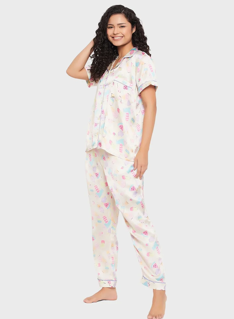 Clovia Button Down Shirt & Pyjama Set
