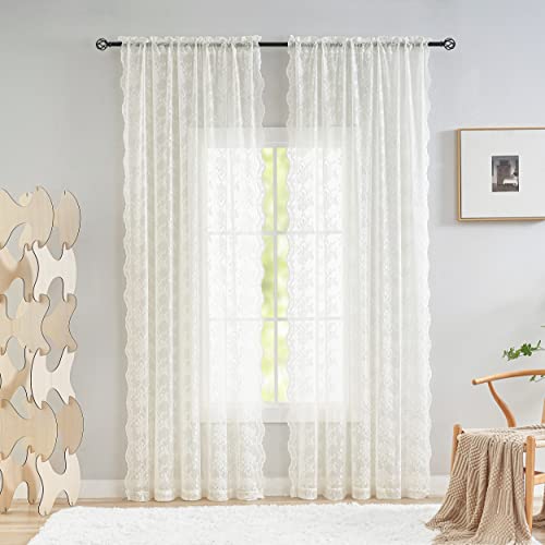 YJ YANJUN Vintage Lace Curtains 84 Inches Long-Romantic Flowers and Branch Sheer Lacy Curtains for Living Room French Door 1 Pair Rod Pocket, 52 x 84 Inch Ivory - Image 2