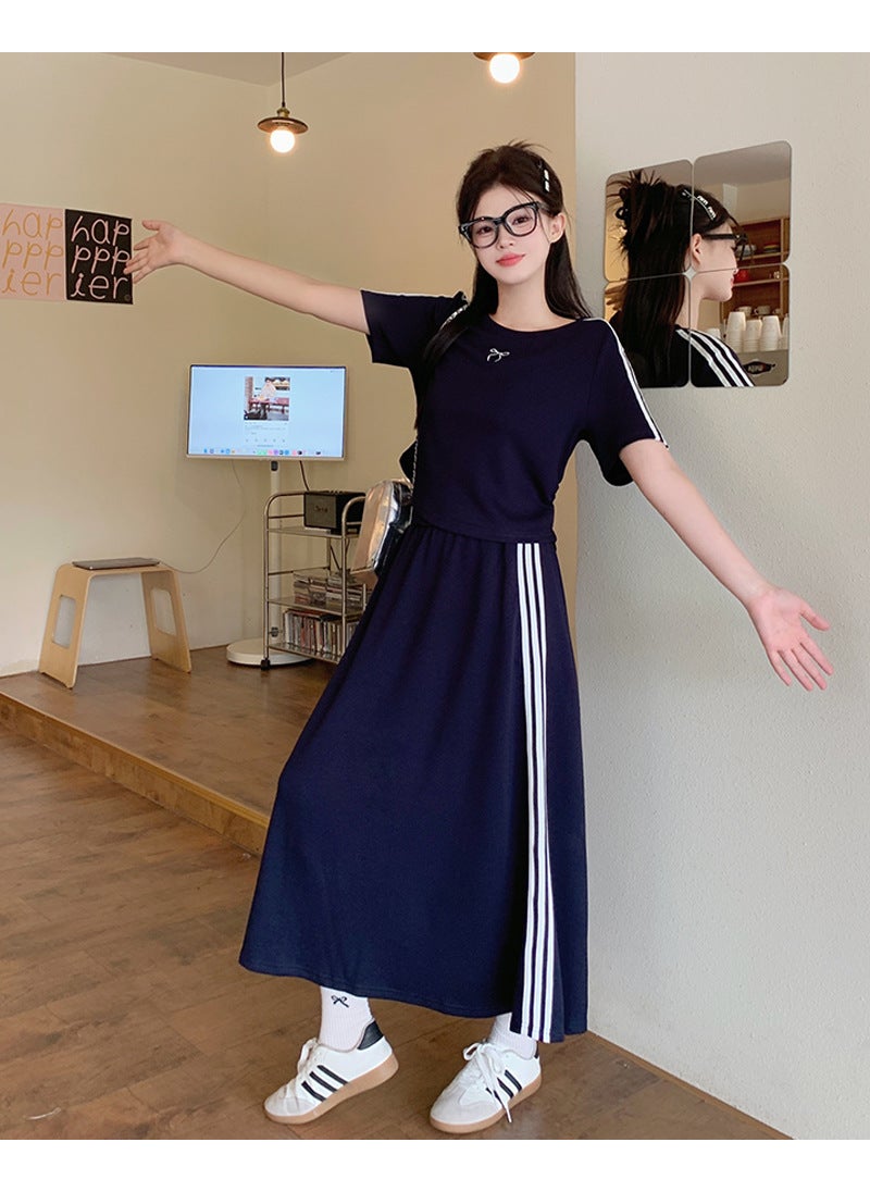 Generic Plus Size Plus Size Womens Clothing Set 2024 Summer New Arrival Short Sleeve T-Shirt Top High-Waisted A- Line Skirt Casual 2... navy blue 